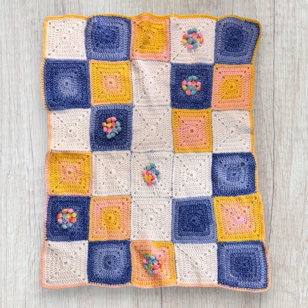 Handmade Crochet Granny Square Baby Blanket Floral Multicolor Vintage Style